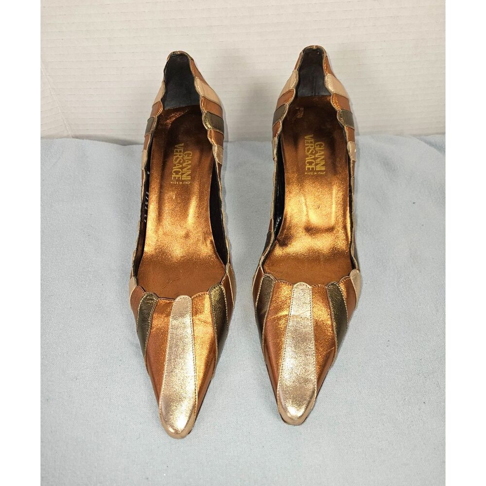 Vintage Gianni Versace Metallic Leather Patchwork Pointed Pumps Medusa Heel EU36